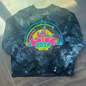 Disney 2024 Black Tie-Dye Crewneck Sweatshirt with Neon Castle Graphic